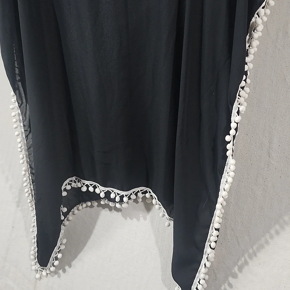 Adreamily Black Semi Sheer Poncho / Bathing‎ Suit Cover W/ White Pom Pom Trim OS
